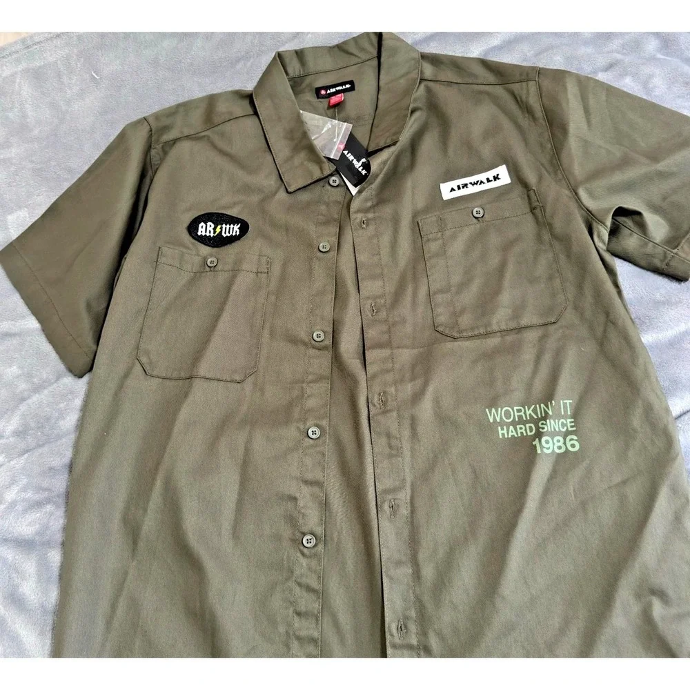 Y2K Work Shirt Mens XL Olive Button Front Utility Mechanic NWT Skatewear